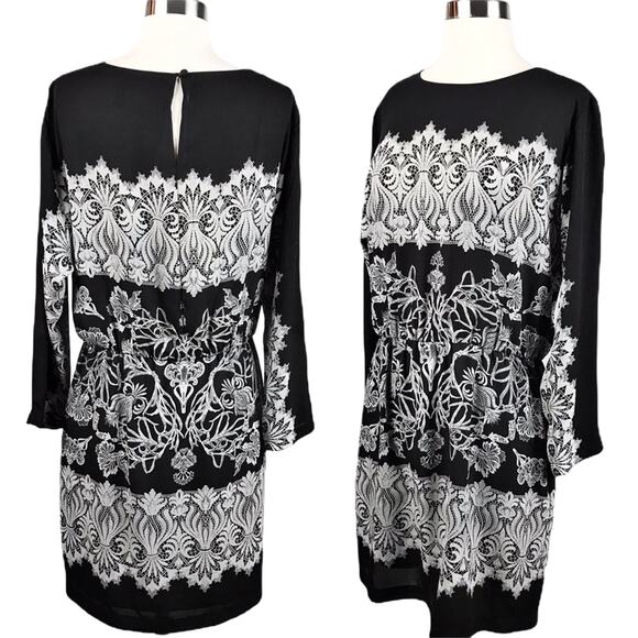 BCBGMAXAZRIA Shift Dress Black Paisley Lace Print Round Neck Tunic Medium EUC - Picture 2 of 9